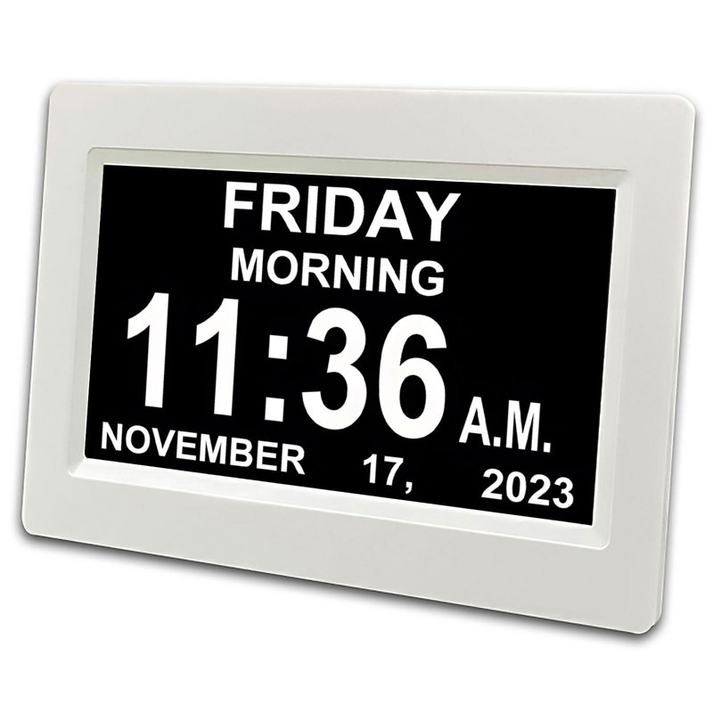 7-inch Calendar Clock with 12 Alarms, Auto Dimmable Display, Large Vision Impaired Digital Clock, White