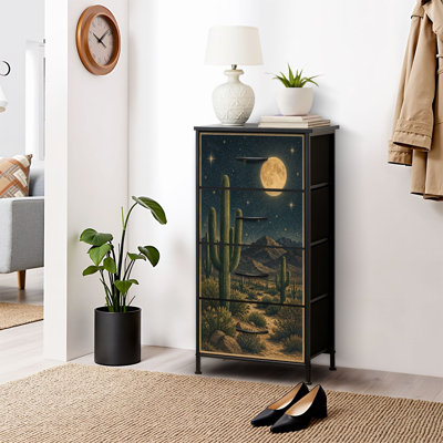 4 Drawer Dresser for Bedroom Desert Landscape Under Moon Cacti Starry Sky Full Narrow Chest of Drawers with Wooden Top and Sturdy Iron Frame 18"W x 37