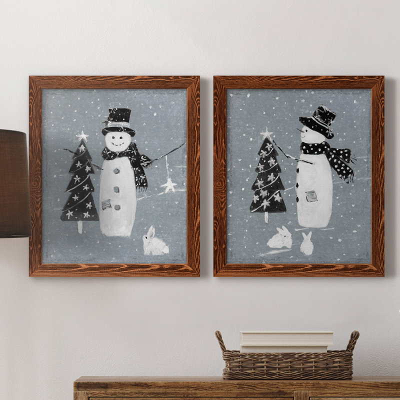 «Snowman Galvanized I», ensemble de 2 reproductions, Pas de tapis, Toile avec cadre érable, H 20 po x l 17 po x P 1 po