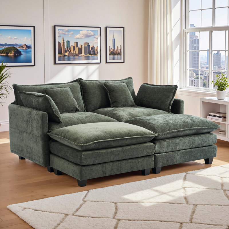 Chenille Modular Sleeper Sofa | Cloud Style Convertible Sectional Couch, Soft Fabric, Modern Living Room Furniture, Green