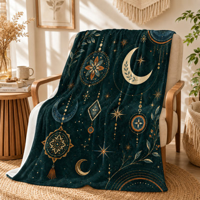 Boho Celestial Blanket with Crescent Moons, Mandalas and Gold Stars, Dark Flannel Throw for Sofa, Bed, Meditation Room and Relaxed Evening Lounging, 60 x 80 in