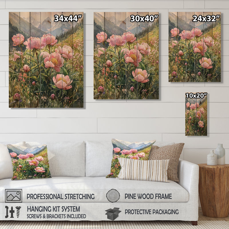 Pivoines dans la vallée de Windswept I - impression de pivoines sur bois de pin naturel, H 20 po x l 10 po x P 0,78 po