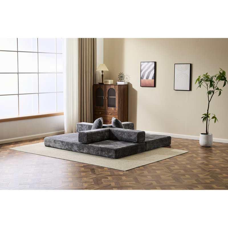 Lit futon confortable gris foncé avec support pour le dos et accoudoirs, conception convertible, chenille de haute qualité, rembourrage en mousse à mémoire de forme, coussin de sol pour salon 3 places, mousse, sieste