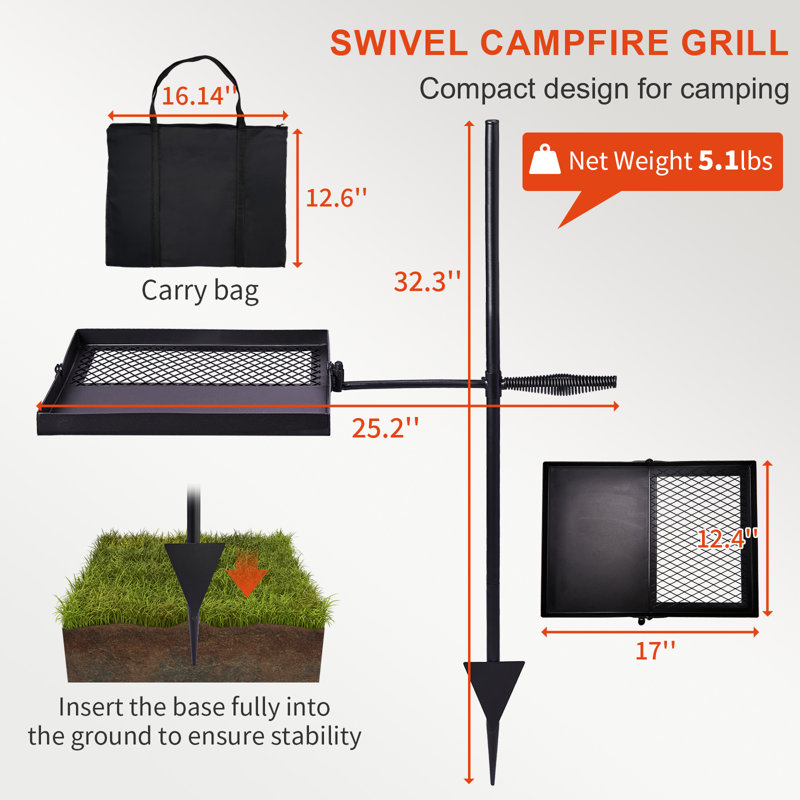 Grille de cuisson portative pliante et pivotante au-dessus d'un foyer