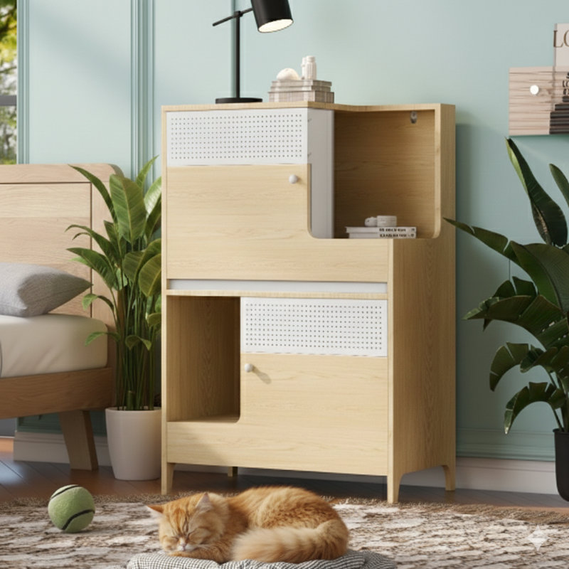 Meuble pour chat moderne combinant un bac à litière avec une table d'appoint et un rangement. Cette maisonnette pour chat est conçue pour accueillir deux petits ou moyens chats.