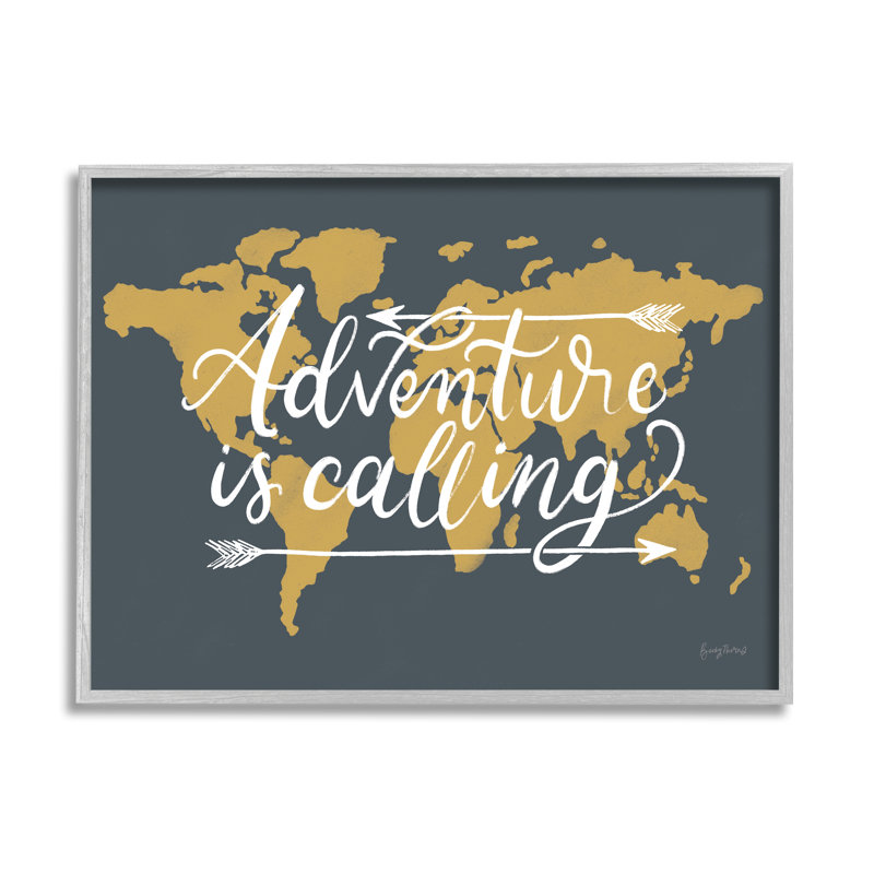 «Adventure is Calling Expression Arrows Over World Map Gray Farmhouse», estampe numérique encadrée, art texturé par Becky Thorns