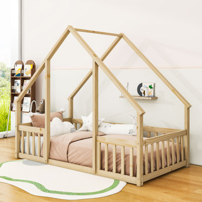 Wood Floor Bed With Safety Guardrails, House-Shaped Design