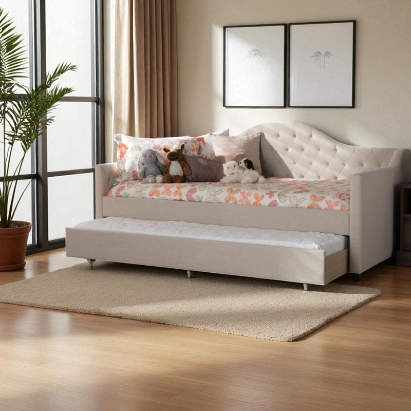 Barrow Modern Fabric Daybed with Trundle in Light Beige, 31.11'' H X 82.52'' W X 42.22'' L