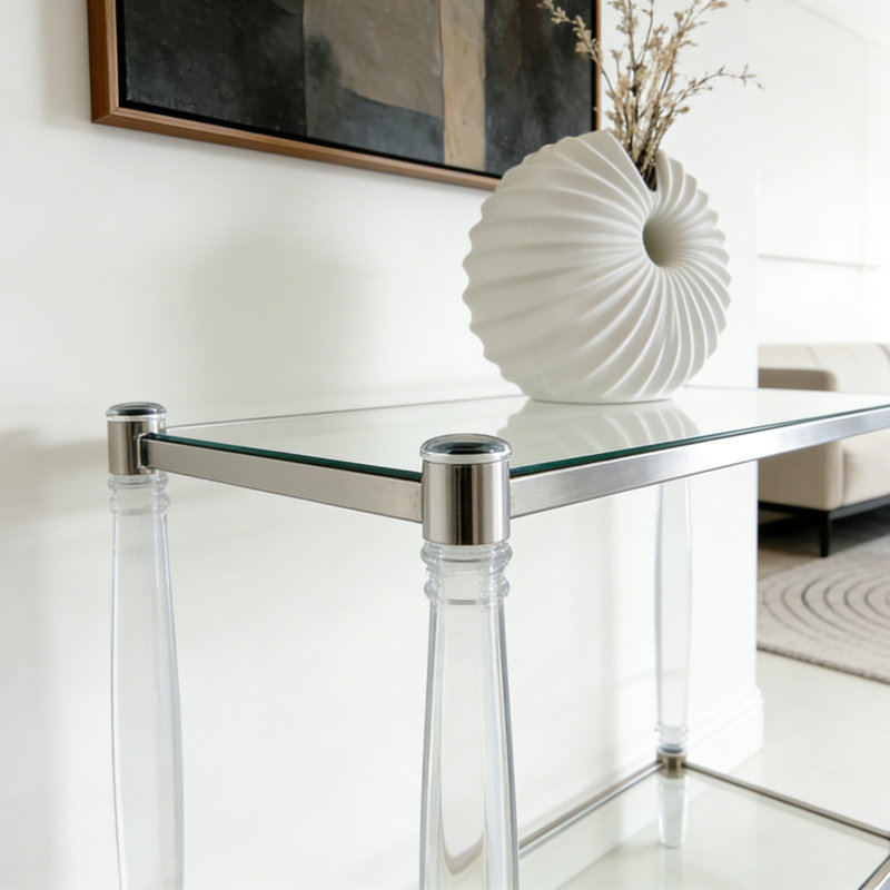 Simple acrylic transparent glass console table, Clear/Silver, 31.5" H x 39.37" W x 13.78" D