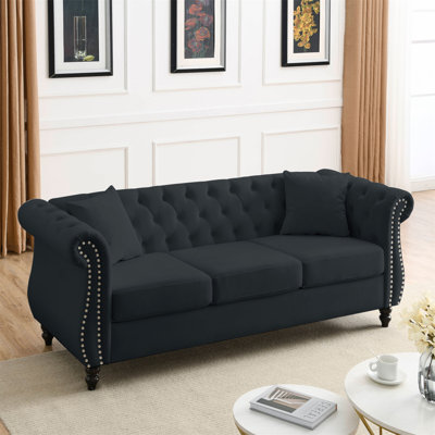 Canapé Chesterfield 80 po en velours noir pour le salon, canapé 3 places capitonné avec accoudoirs roulés et tête de clou pour le salon, la chambre à coucher, le bureau, l’appartement, deux coussins