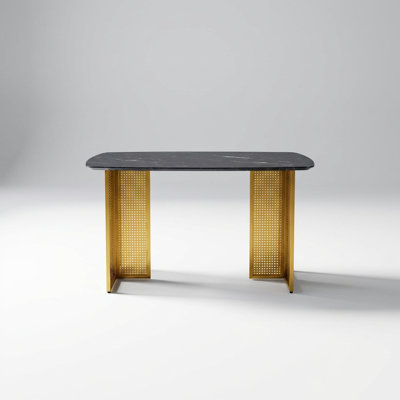 Modern Rectangular Tempered Glass Dining Table with Marble Pattern and Metal Legs