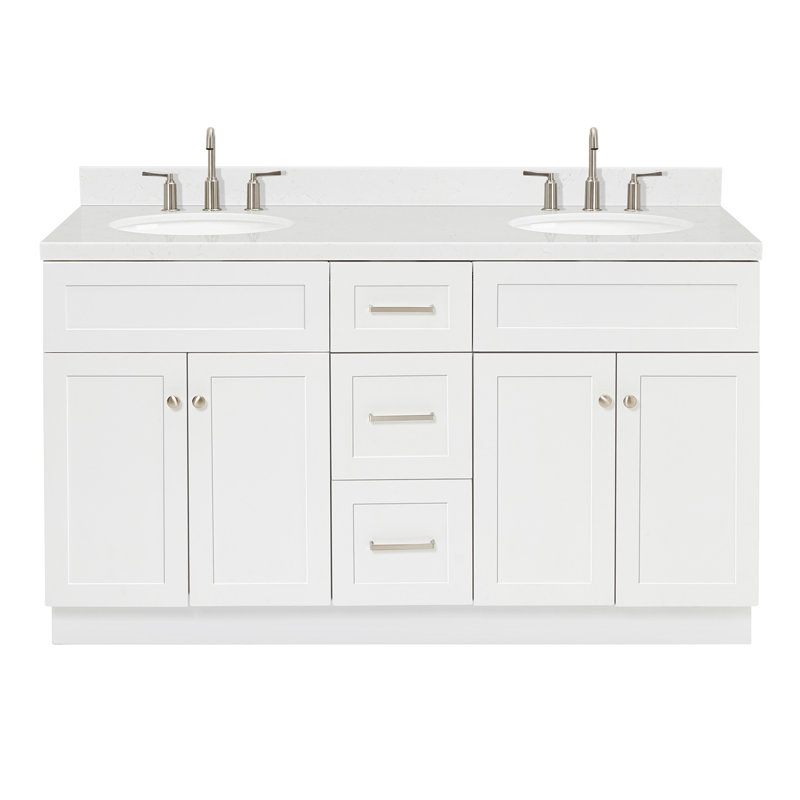 Meuble-lavabo double autoportant 60 po avec plateau en quartz Abell, Blanc