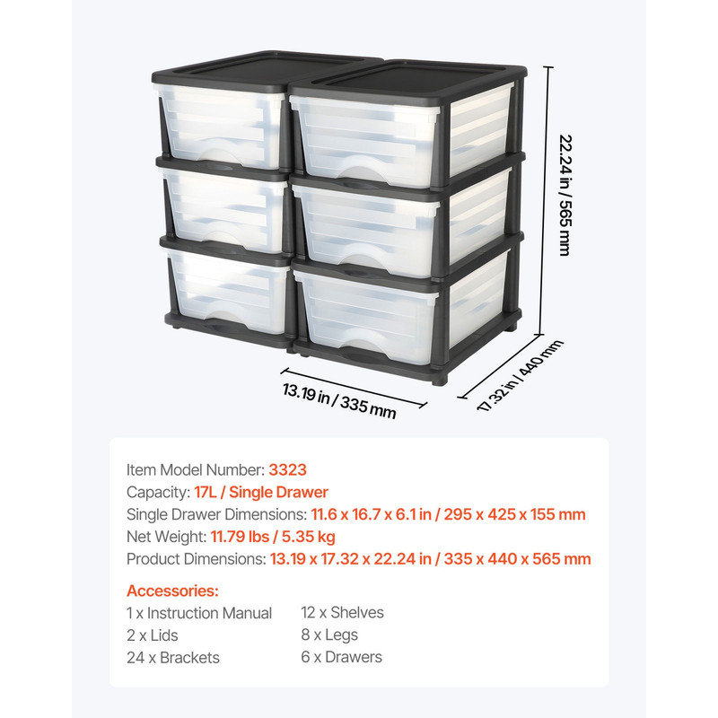 Ensemble de 2 commodes de rangement en plastique avec 6 tiroirs, bacs de rangement