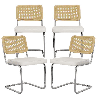 Velvet Upholstered Side Chair with Cane Rattan Back