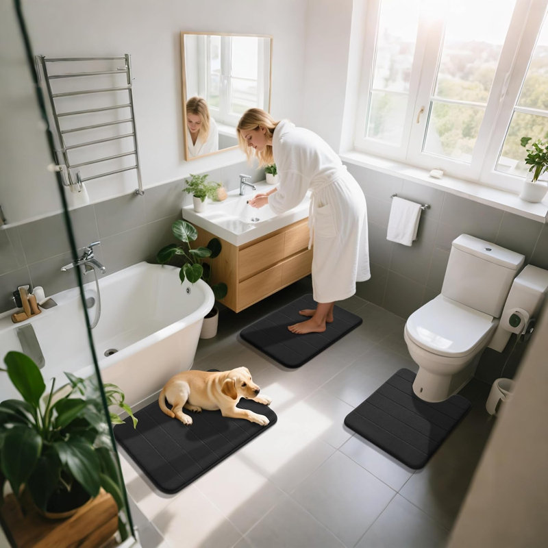 Ensemble de 3 tapis de salle de bain en mousse viscoélastique noire, tapis de toilette pour salle de bain à séchage rapide absorbant et antidérapant extra doux