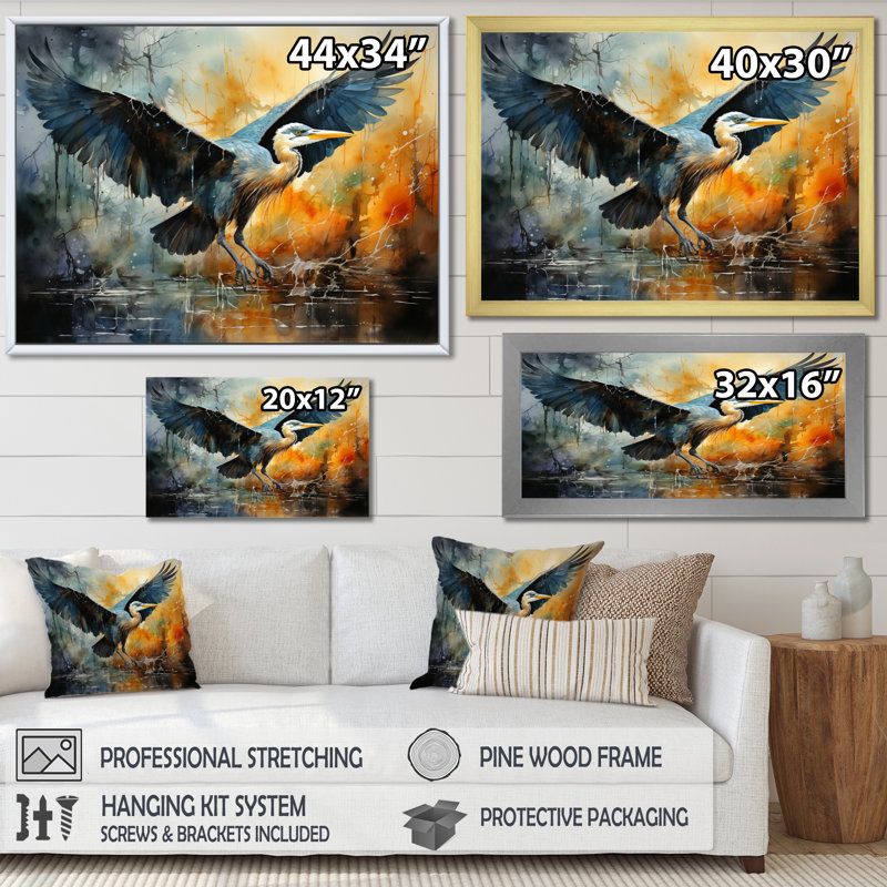 «Teal Yellow Heron Elegance» dévoile un pointillisme sur toile, H 16 po x l 32 po x P 1 po, Cadre naturel flottant