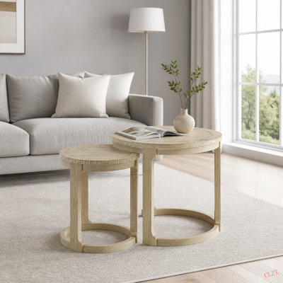 (1 Coffee table+1 Side Table)Large Curved 2 Tier Traditional Round Circle Center Coffee Table Set,Mid Century Rounded Table with Wheels, Style SideTable for living Room,Office,Apartment