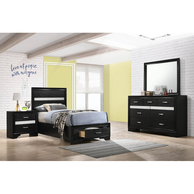 Ensemble de chambre à coucher complète 4 pièces Maléisha - noir, Lit simple, Noir