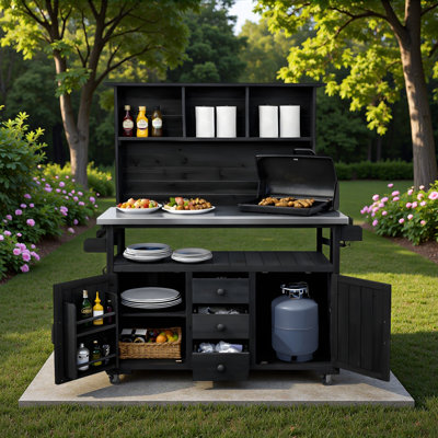 Large Garden Storage Potting Bench With Lockable Wheels, Stainless Steel Top, Drawers, Door Shelves And Hutch