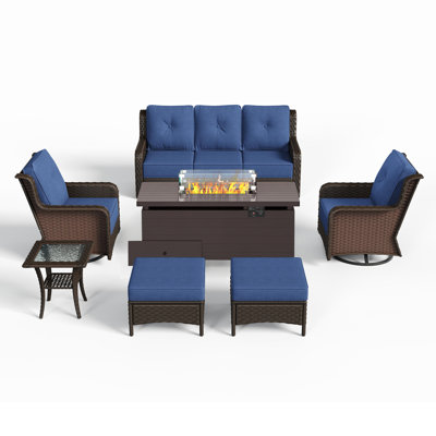  7 Pieces Outdoor Wicker Swivel Chair Set with 50000BTU Fire Pit Table, All-Weather Outdoor Patio Furniture Set for Garden, Backyard, Porch, or Balcony