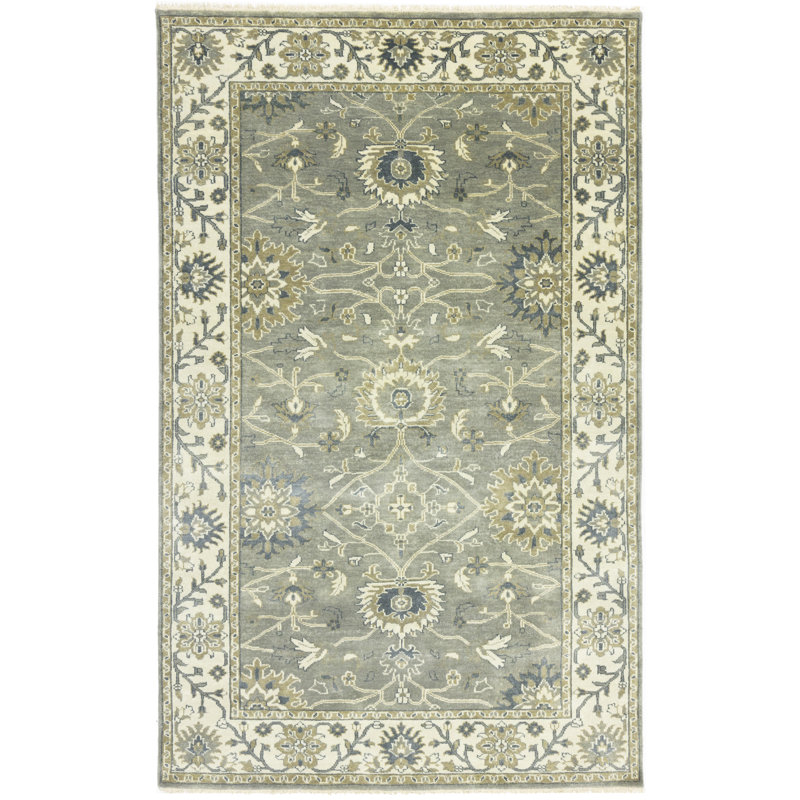 Tapis gris rectangulaire en laine noué à la main à motif floral 5 pi x 8 pi Jhanelle