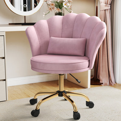 Modern Velvet Swivel Vanity Chair With Adjustable Height, Shell-shaped Upholstered Desk Chair With Gold Base And Casters