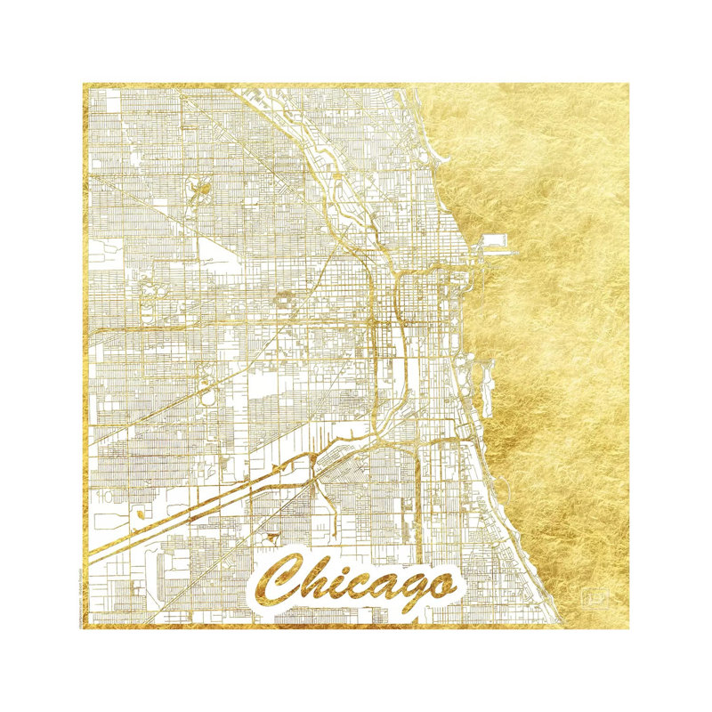 Chicago Gold Leaf Urban Blueprint Map 1 Piece Wrapped Canvas Wall Art, 93.98 cm H x 93.98 cm W x 1.91 cm D