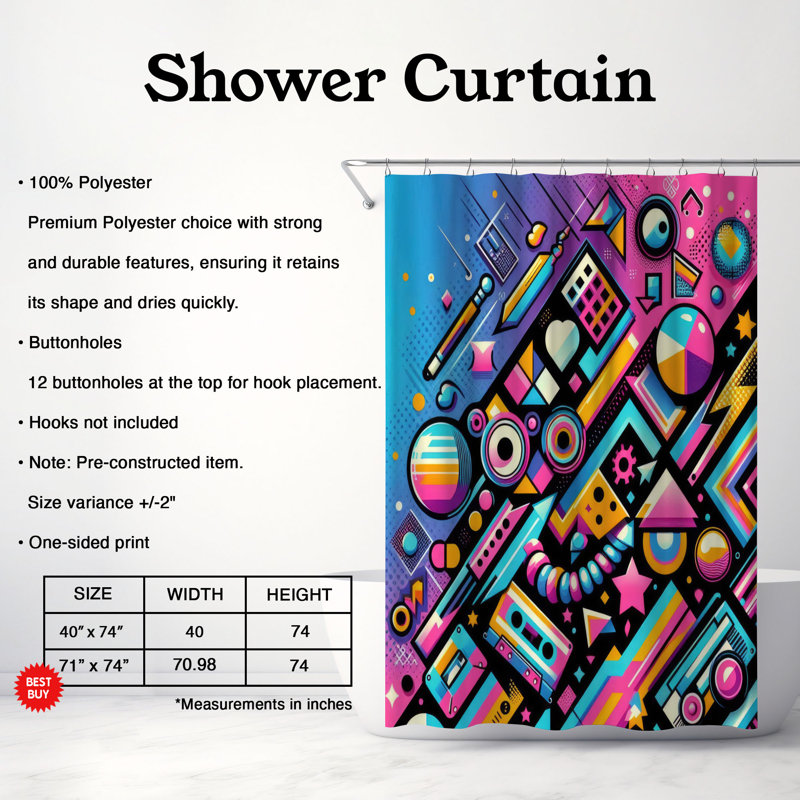 Rideau de douche 1 pièce Funk Wave, H 74 po x l 71 po