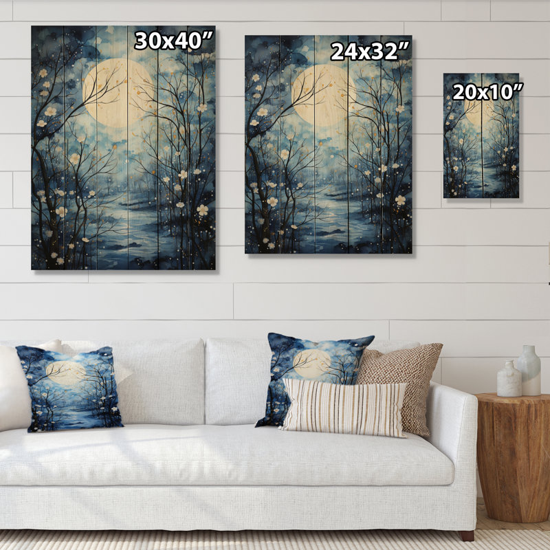 Silhouette d'arbre bleu et blanc au clair de lune I sur bois, H 20 po x l 10 po x P 0,78 po