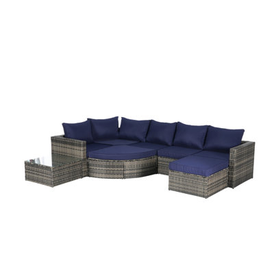 Ensemble de canapé d'extérieur 8 pièces, ensemble de conversation modulaire en forme de L en osier avec repose-pieds courbé et table en verre pour la piscine