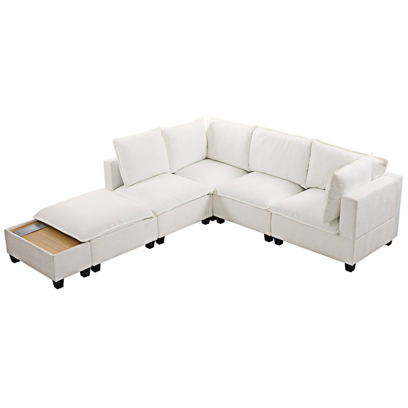 Modular Sectional Sofa With Movable Ottoman And Coffee Table, White Chenille