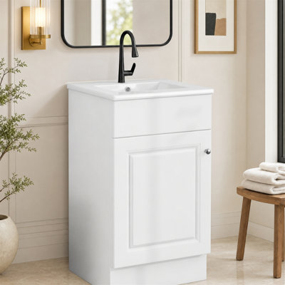 18" Bathroom Vanity with Ceramic Sink, Door Storage & Adjustable Shelf, White