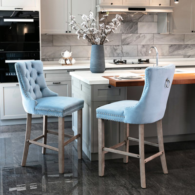 Modern Mid-Century Velvet Upholstered Bar Chairs With Button Tufting, Trim, Of 2   Blue Contemporary Style Nailhead