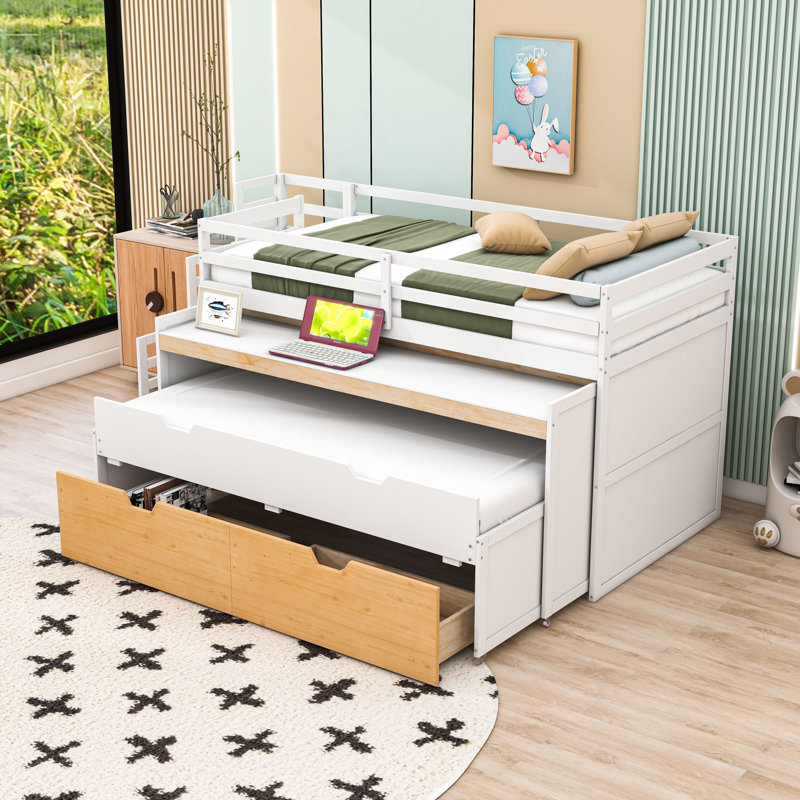 Lit mezzanine avec bureau, lit gigogne et 2 tiroirs de rangement, Extra Long Twin, White Wood