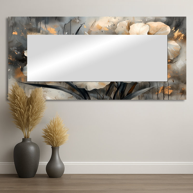 Yellow Grey Irises Desire II - Floral Mirror Wall Decor - Printed On Metal, 28" x 60"