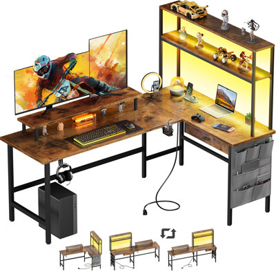 Modular L-Shaped Steel Computer Desk with Built-In Electrical Outlet