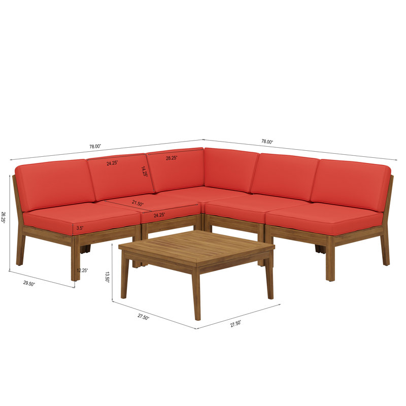 Ensemble de canapés modulaires 5 places en bois d'acacia, teck et rouge