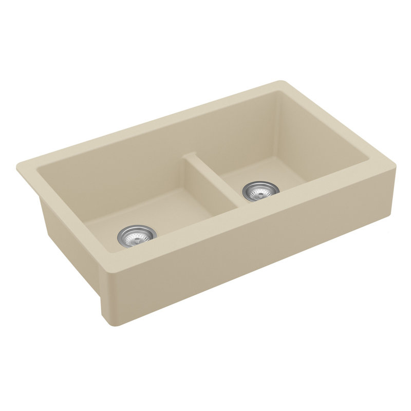 Karran Retrofit Farmhouse/Apron-Front Quartz Composite 34'' X 21-1/4'' 60/40 Double Bowl Kitchen Sink, Matte Bisque