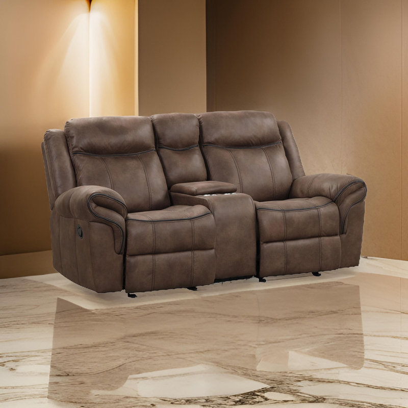Causeuse Arisa, similicuir brun, console de rangement et porte-gobelets, 79 po