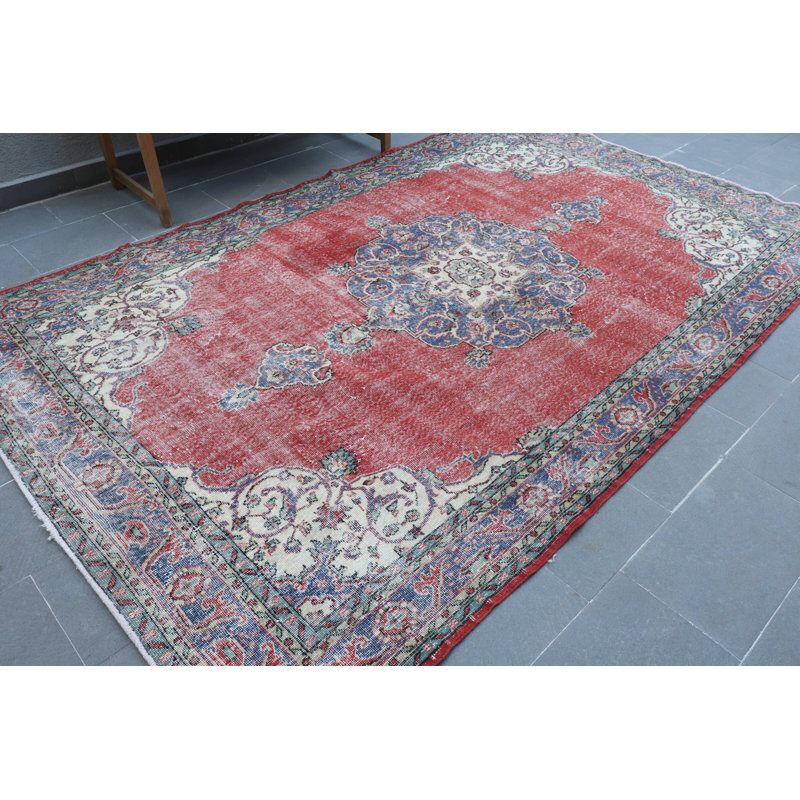 Grand tapis turc antique en rouge pour la cuisine, le salon ou le salon extérieur - Tapis en laine rétro