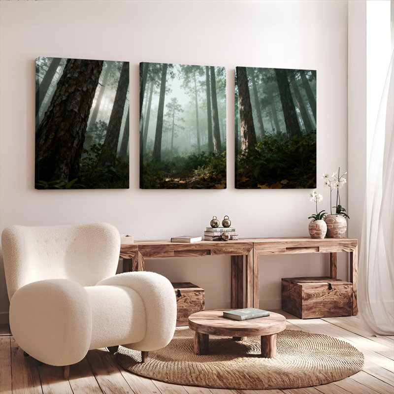Ensemble de 3 tableaux sur toile représentant un paysage naturel de forêt brumeuse, H 18 po x l 36 po