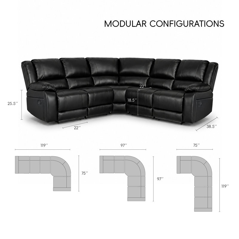 Canapé modulaire inclinable en similicuir 5 pièces avec siège rabattable, Noir