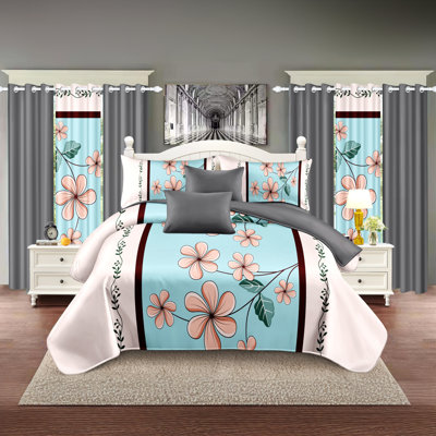 Ensemble de 9 pièces comprenant un couvre-lit et des rideaux matelassés bleu et rose à motif gardénia, avec 6 panneaux indépendants filtrant la lumière.