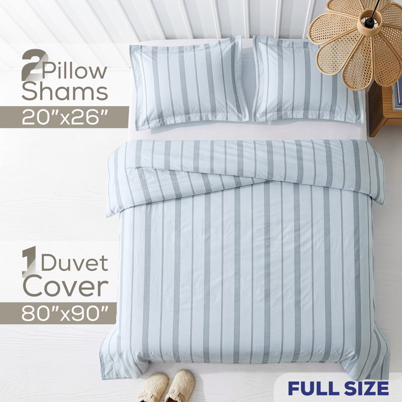 Ensemble de housse de couette 100% coton lavé American, Housse de couette double + 2 grandes taies décora, Bleu