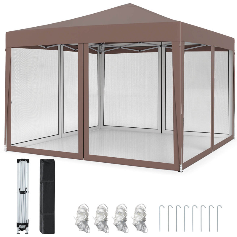 10 FT x 10 FT Pop-Up Canopy Tent with Mesh Netting, Carry Bag, 8 Stakes & 4 Ropes Brown, Brown