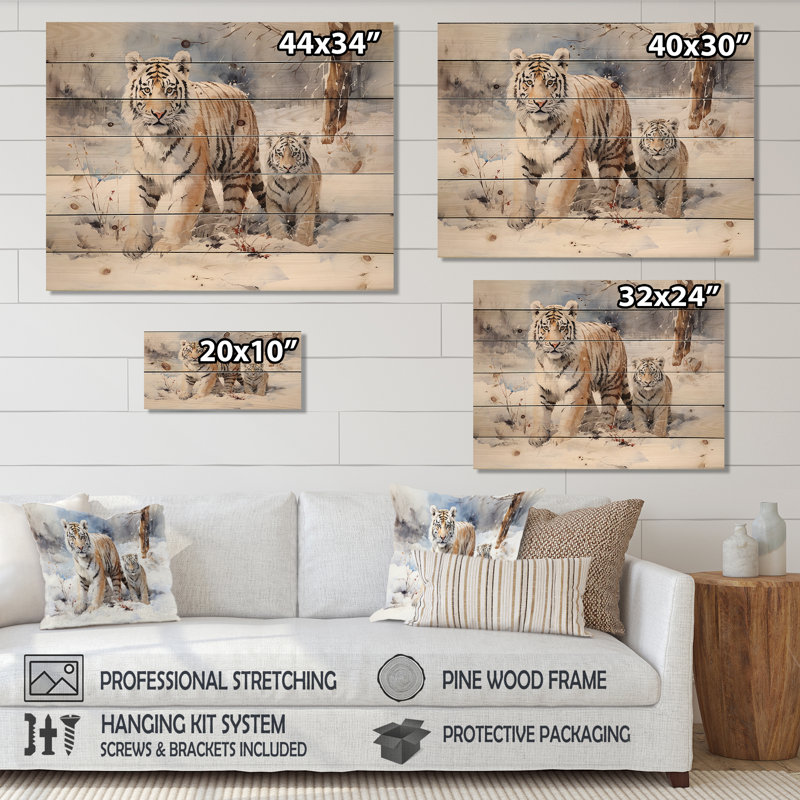 White Tigers Playing In The Snow III - Tiger Animal On Wood Print, 30" H x 40" W x 0.78" D