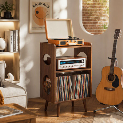Meuble pour platine vinyle avec rangement intégré, station de recharge et ports USB, présentoir pour pochettes d'albums, pouvant contenir jusqu'à 160 disques vinyles. Parfait pour le salon.