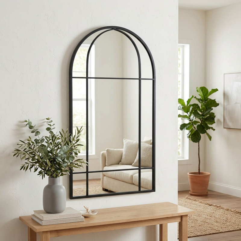 Decorative Windowpane Metal & Wood Frame Wall Mirror for Bathroom or Vanity Table - Modern Functional Large Mirror for Entryway Display - 43", Black