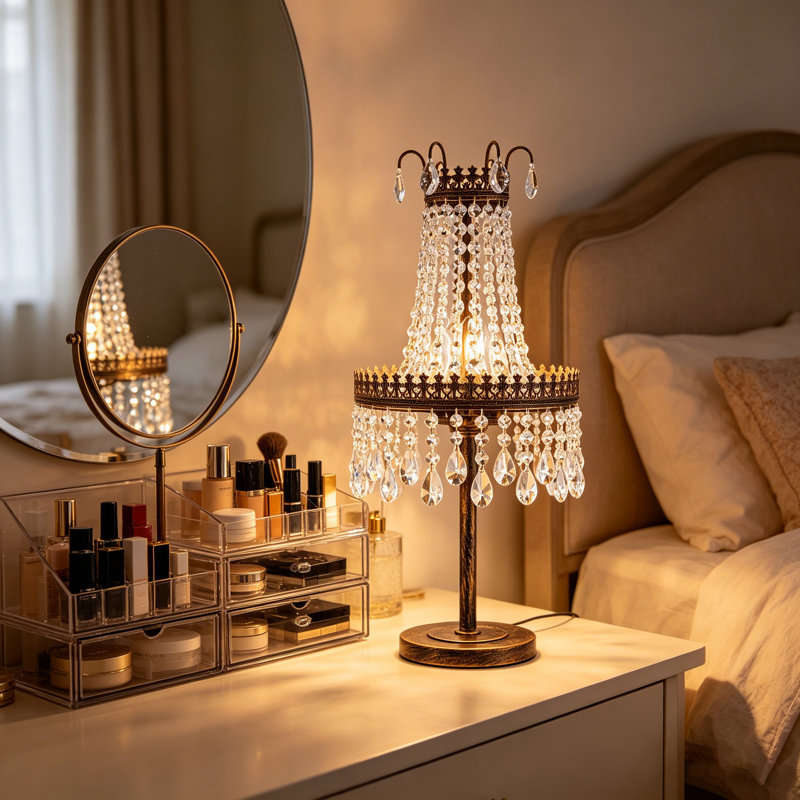 3-Light Bronze Crystal Table Lamp Light