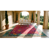 Cranberry Fuchsia Field And Teal Border Antique Art Deco Chinese Rug